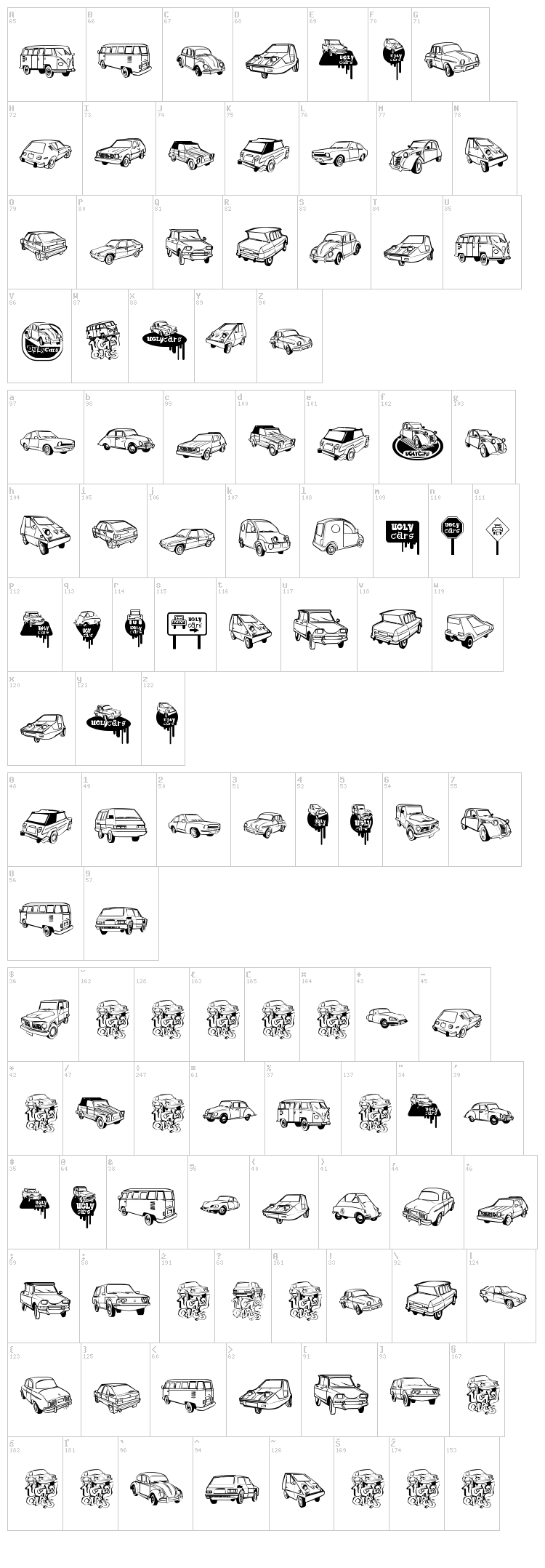 Ugly Cars font map